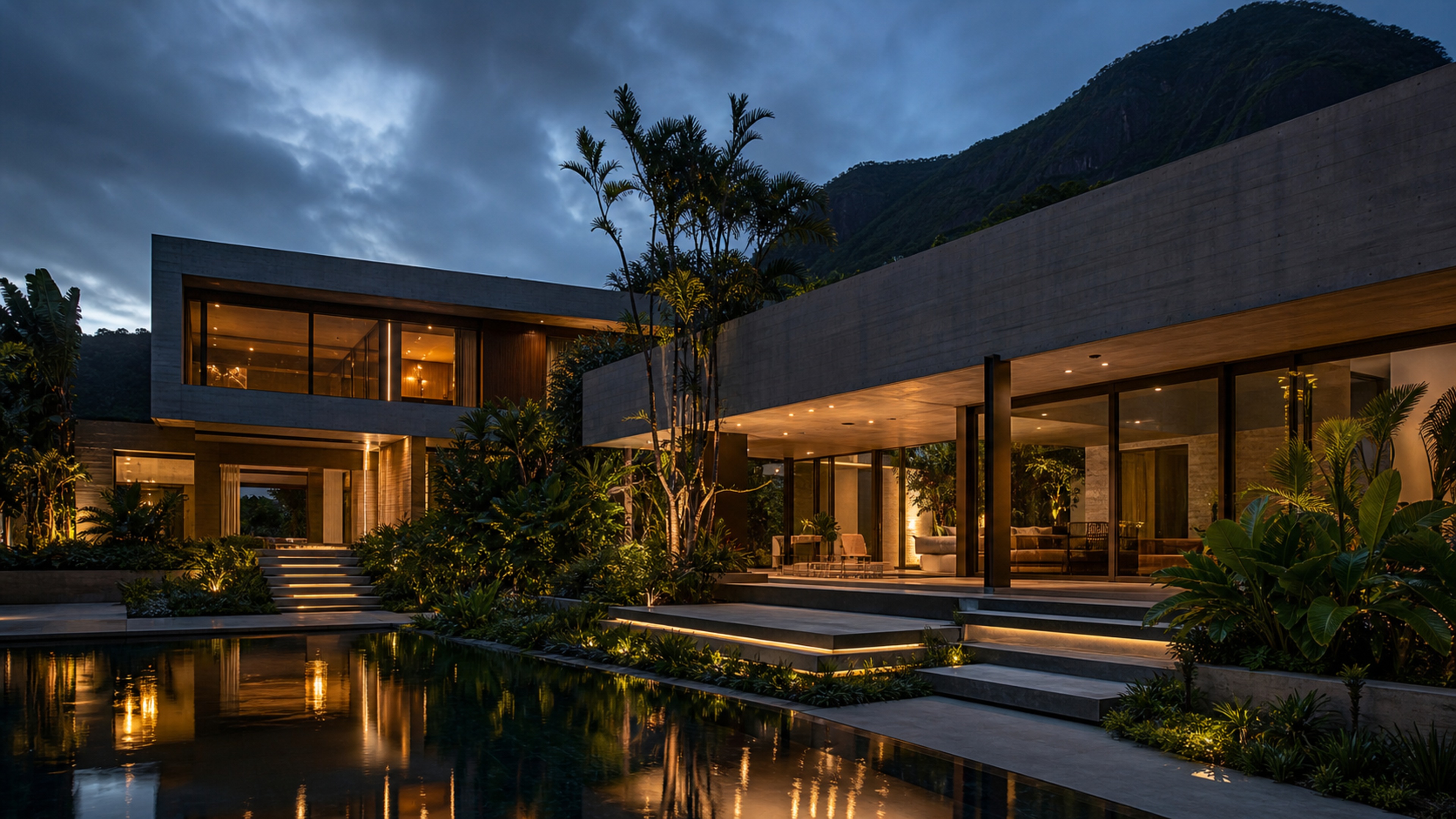 Residencia contemporanea de alto padrao ao anoitecer